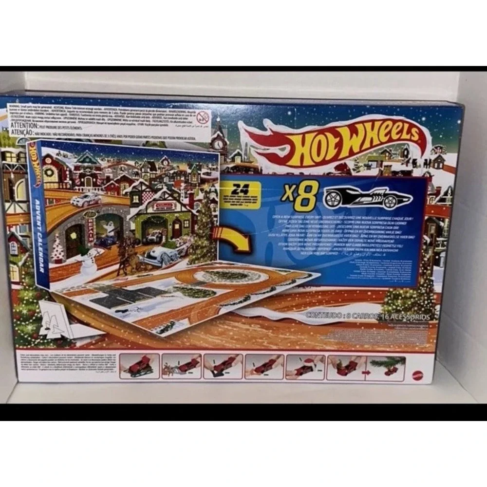 Hot Wheels Advent Calendar 2023 Holiday Set 8 Cars 16 Accessories Mattel HPX40